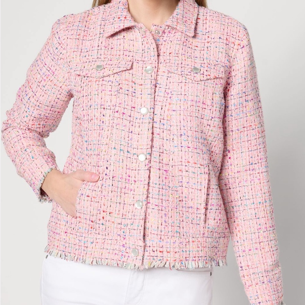 Belle byKim Gravel Girl Boss Boucle Rainbow Jacket  Women's Pink Tweed Jacket
